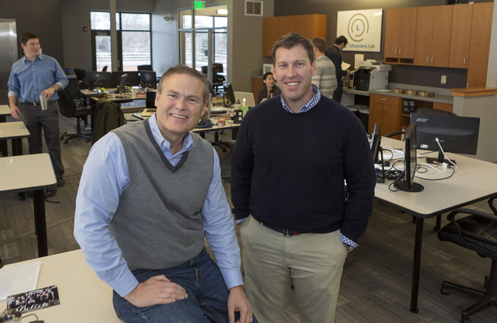 David Gardner, left, and Cary Downtown Development Manager Ted Boyd, at the Cary Cofounders Lab, housed in town-provided space atop The Cary Theater. Among goals for the lab are, Boyd says, “to contribute to the startup community happening throughout the Triangle, but in a way that’s authentic to Cary.”