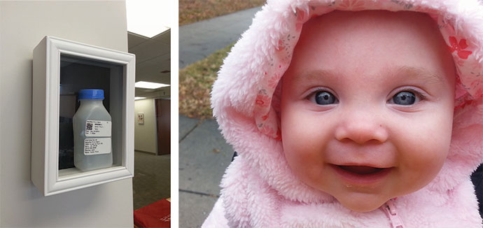 Hanging in the office of Sarah Gray of Washington, D.C., the milk bottle at left once held 7 ounces of donated mother’s milk. Gray’s daughter Jocelyn, right, is now 8 months old.