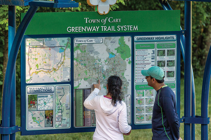 Before exploring the more than 70 miles of trails and greenways in Cary, it might be helpful to download the Bike & Hike Cary mobile app to your phone. Search for “bike hike Cary” on the Apple and Android app stores.