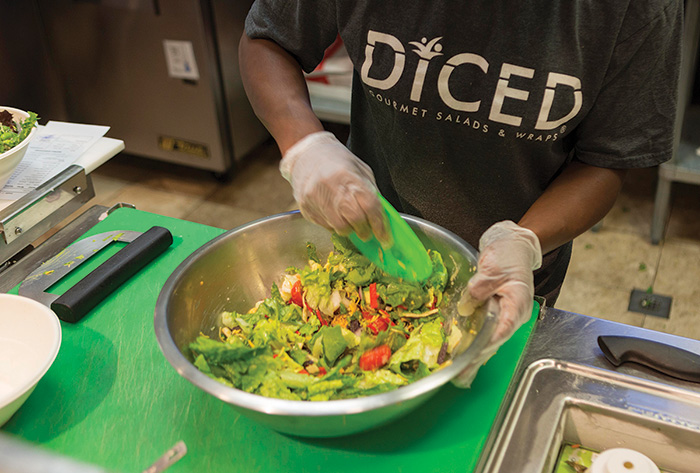 Salads and wraps are made-to-order in front of the customer.