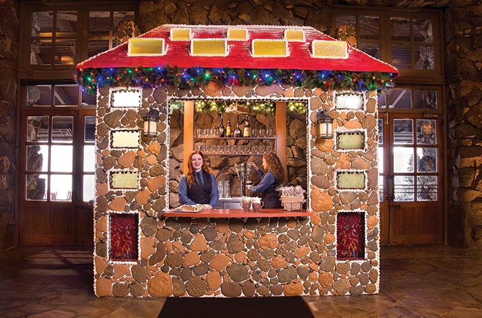 The Great Gingerbread House is a 10.5x10.5-foot-replica of the inn made from more than 1,500 pounds of edible goods, from which staff serve house-made hot cocoa.