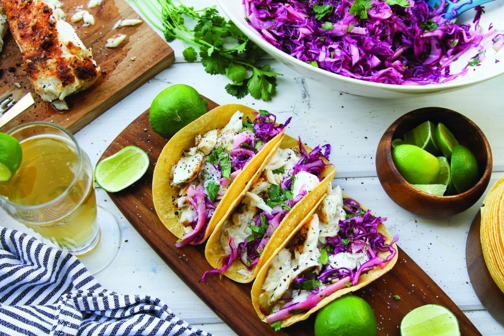 Grilled Halibut Tacos with Red Cabbage Slaw and Spicy Crema Cary Magazine